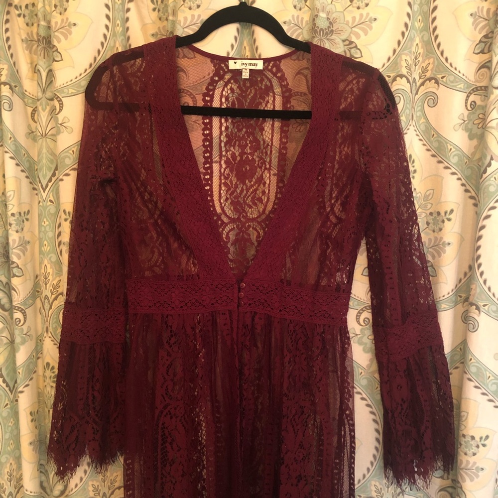 Merlot colored button front lace Kimono from Forever 21